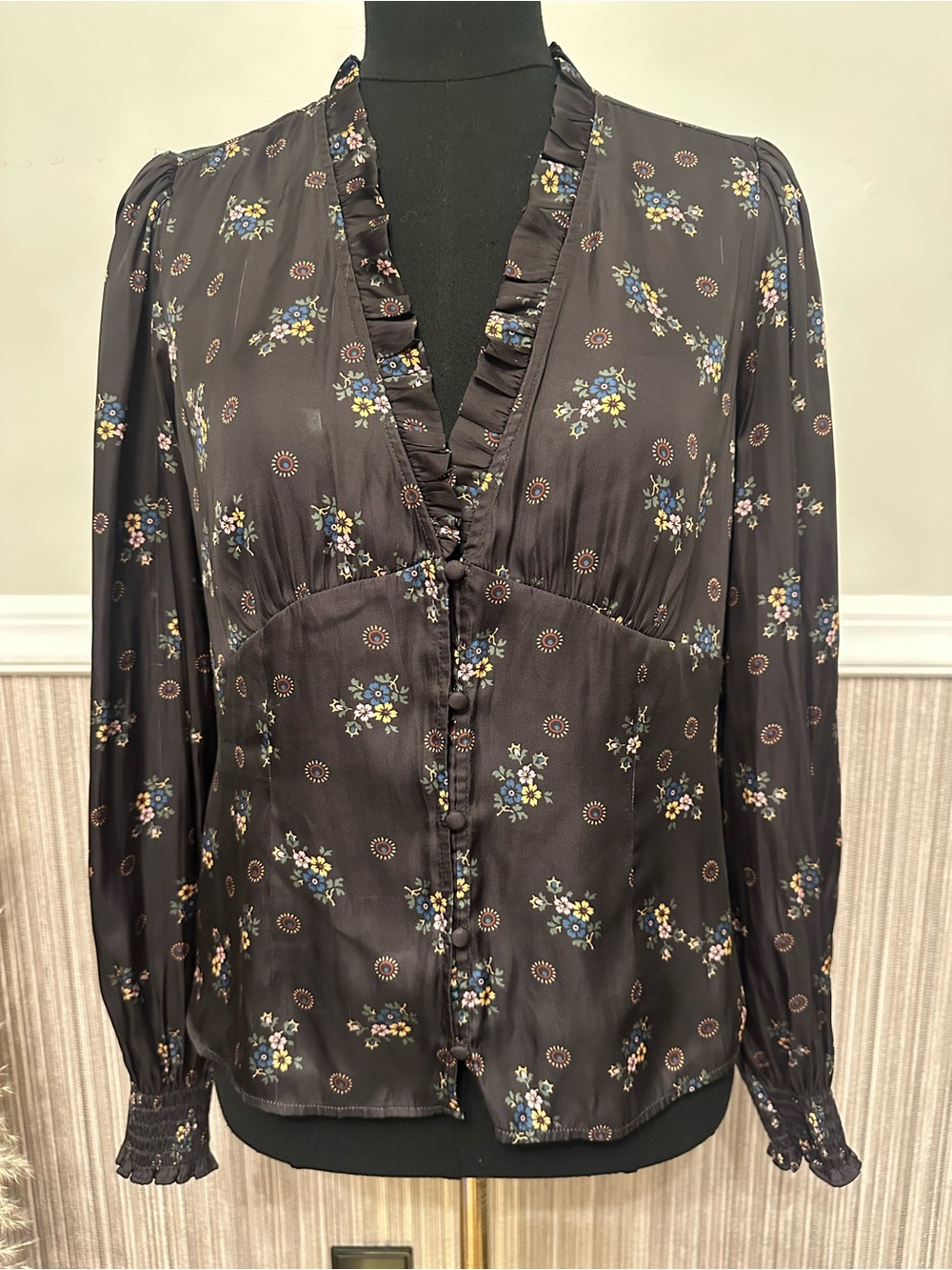 Paige Floral Ruffle Blouse Small Dark Academia Long Sleeve Top